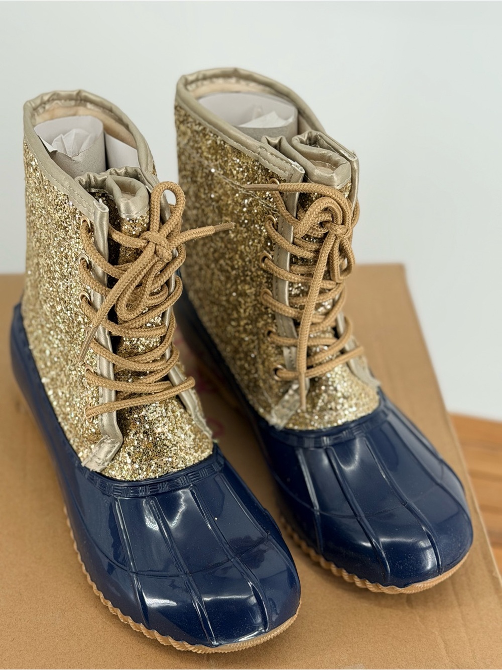 New SUGAR Gold Glitter & Navy Waterproof Lace-Up Duck Boots - Women size 6M